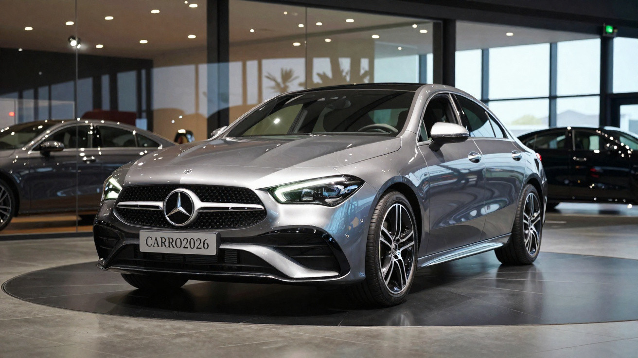 Carro prata Mercedes-Benz sedan moderno em exposição dentro de showroom com luzes internas refletindo no teto tiled.