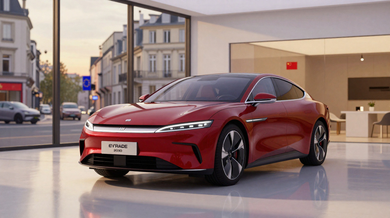 Carro elétrico vermelho eFRADE 2030 em showroom moderno com janelas grandes e vista urbana ao fundo.