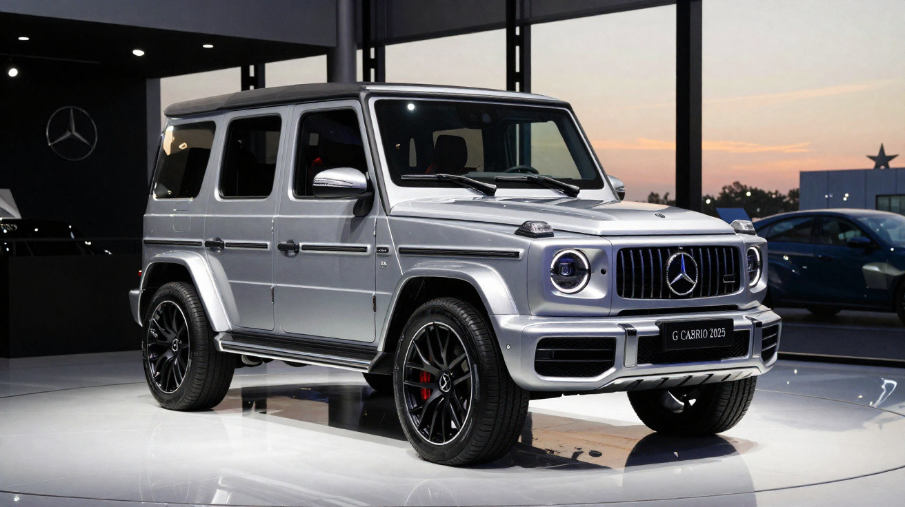 Mercedes-Benz G Cabrio 2025 prata exibido em showroom moderno com janelas amplas ao entardecer.
