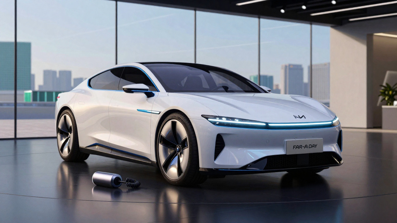 Carro elétrico branco futurista com design aerodinâmico em exposição interna com luzes azuis.