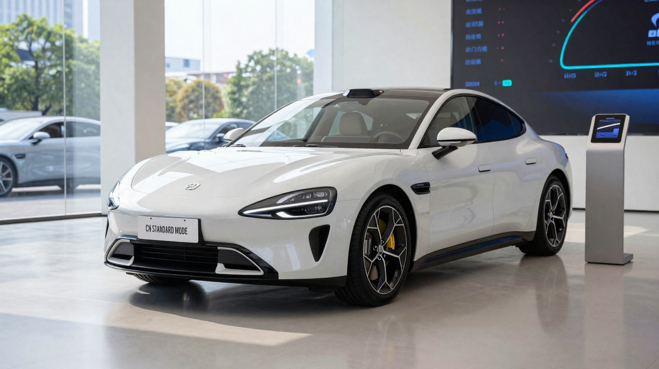 Carro elétrico esportivo branco exibido em showroom moderno com vidro grande ao fundo.