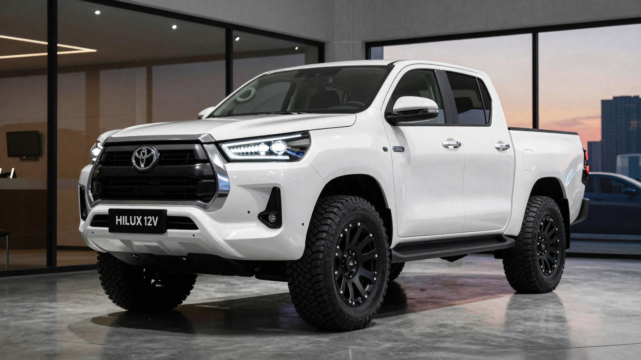 Picape Toyota Hilux 12V branca em ambiente interno com janelas grandes e piso de cimento.