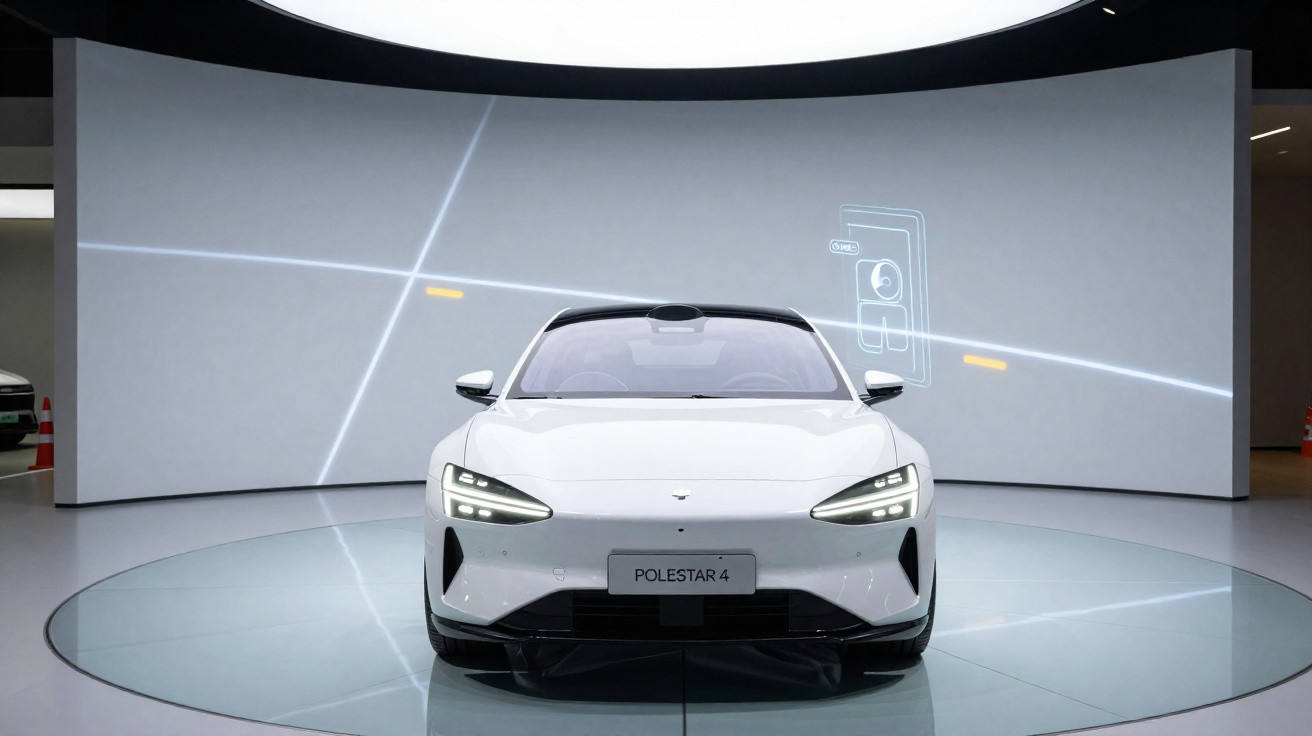 Carro elétrico branco Polestar 4 em exibição, com luzes de LED acesas, em ambiente moderno e iluminado.