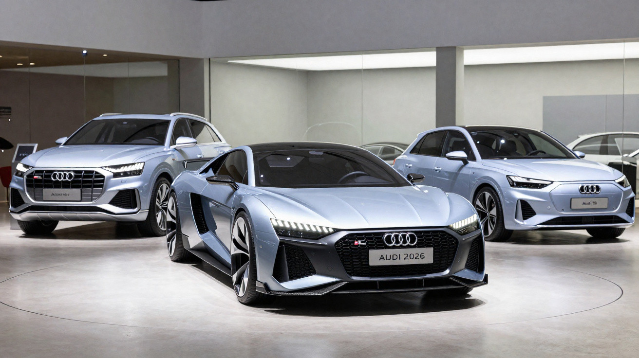 Três carros Audi prateados exibidos em ambiente interno moderno, com destaque para um esportivo central.