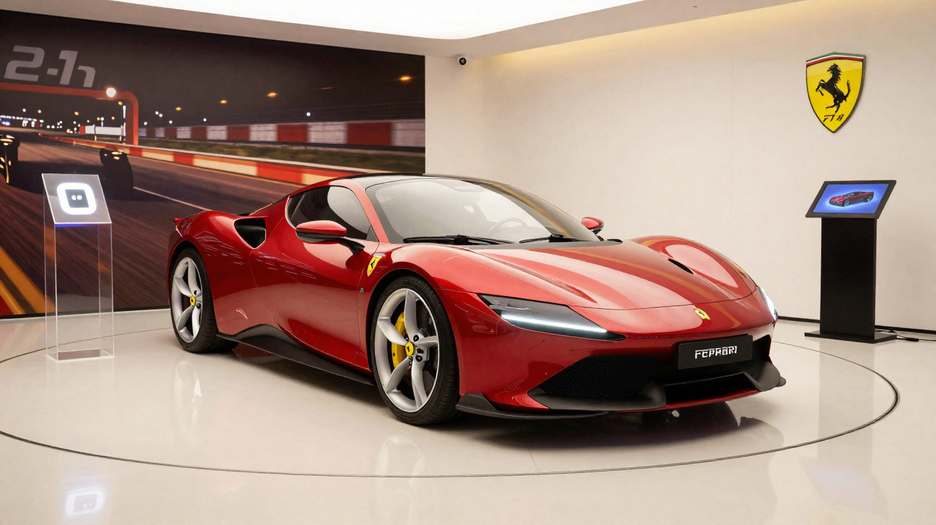 Carro esportivo Ferrari vermelho em exposição com logo da Ferrari ao fundo.
