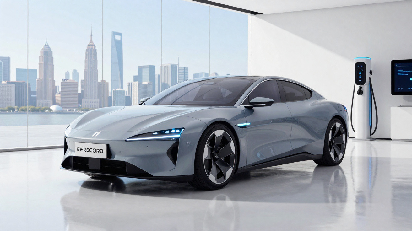 Carro elétrico cinza estacionado em ambiente moderno com janela alta e estação de recarga ao fundo.