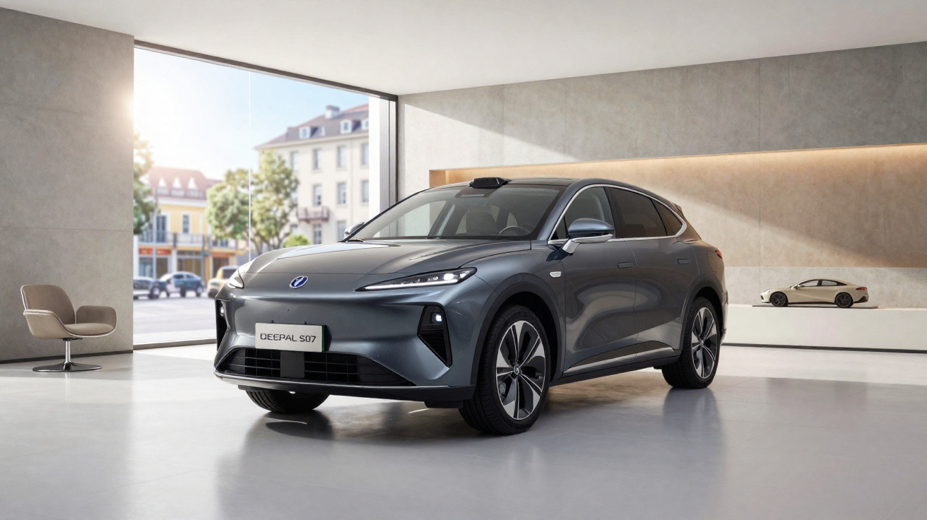 Carro elétrico cinza escuro estacionado em showroom moderno com poltrona e maquete do mesmo veículo ao fundo.
