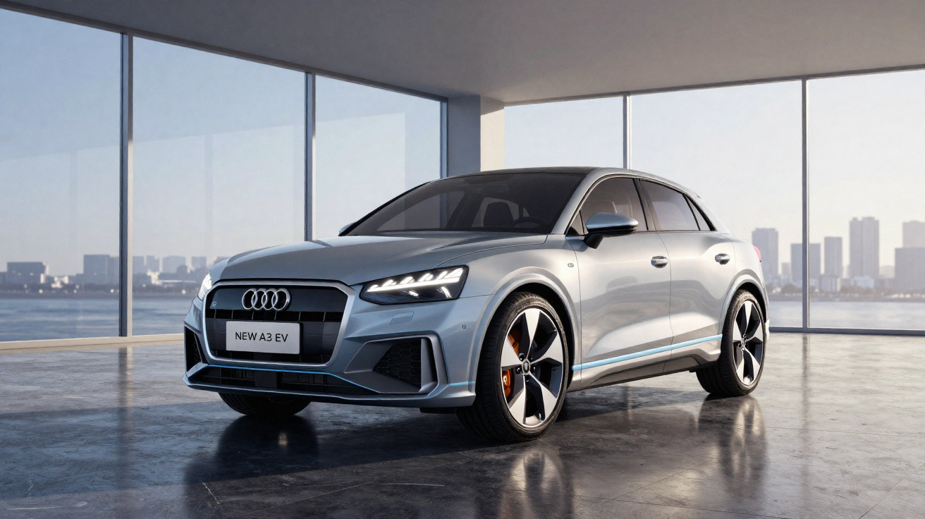 Carro elétrico Audi A3 EV prata estacionado em salão com janelas panorâmicas e vista urbana ao fundo.