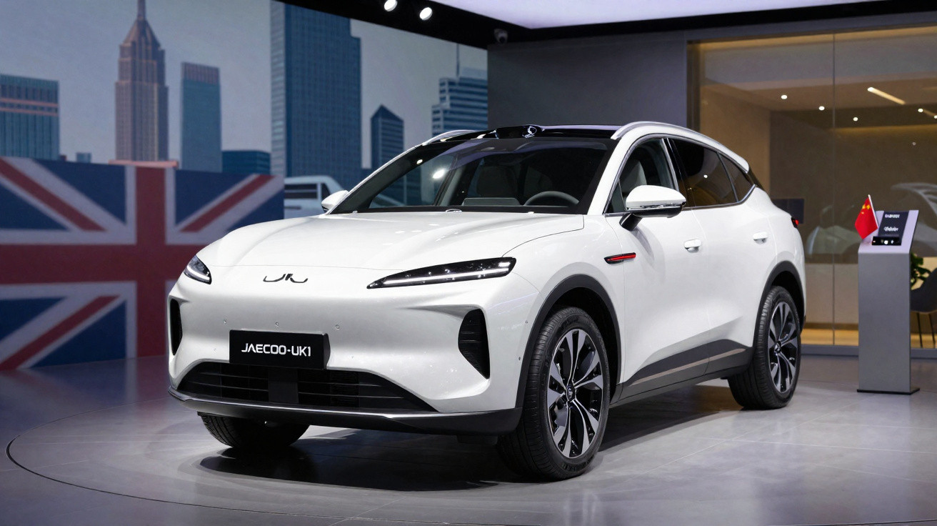 SUV elétrico branco JAC JAECOO-JK1 exposto em salão automotivo com bandeira do Reino Unido ao fundo.