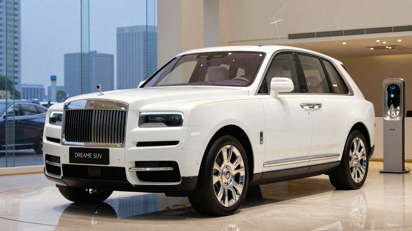 SUV branco de luxo Rolls-Royce Dreame exibido em showroom moderno com carregador elétrico ao lado.