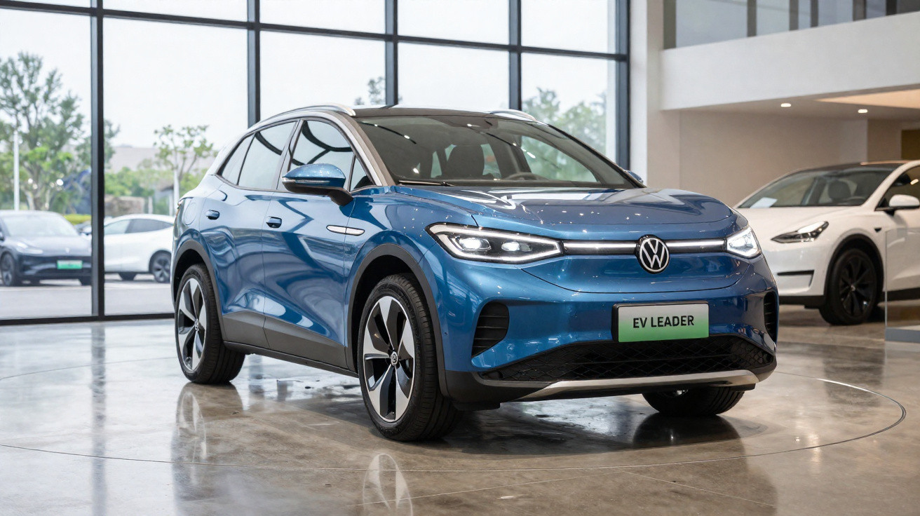 Carro elétrico Volkswagen azul em exposição em showroom moderno com janelas grandes.