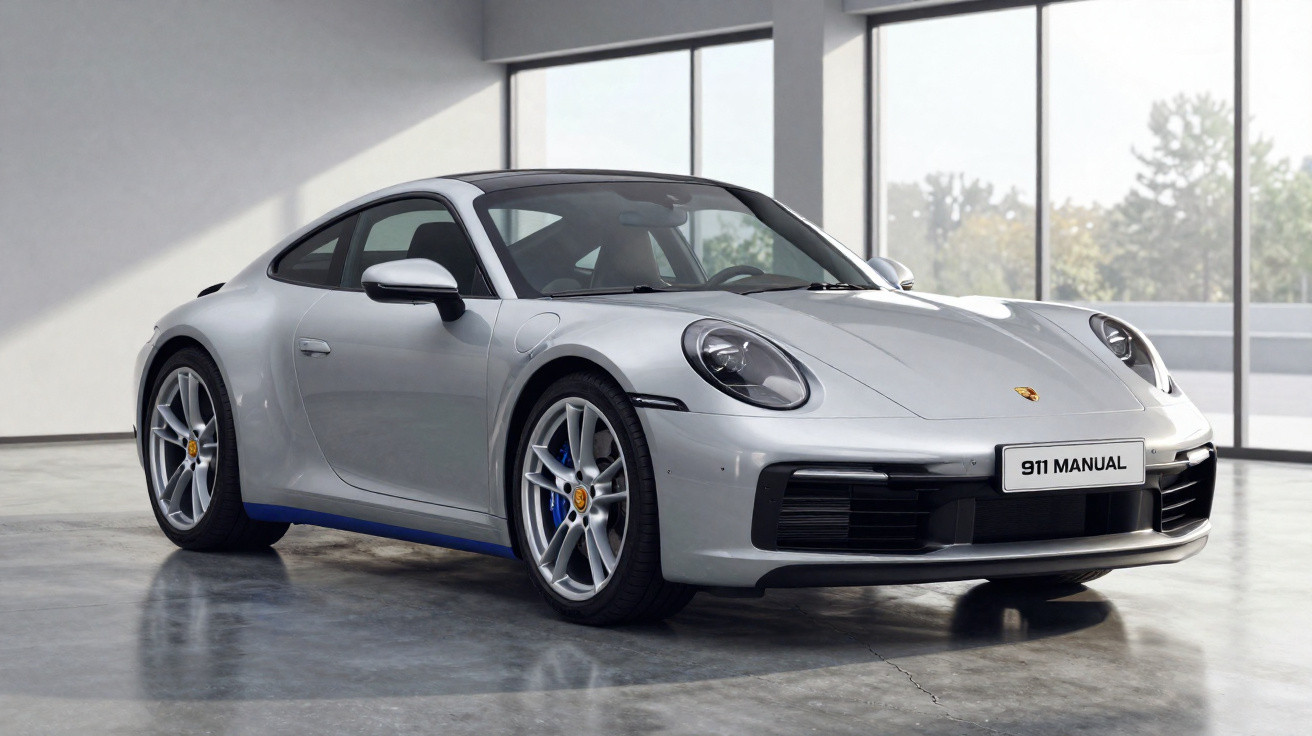 Carro esportivo Porsche 911 prata estacionado em ambiente interno com grandes janelas e piso de concreto.