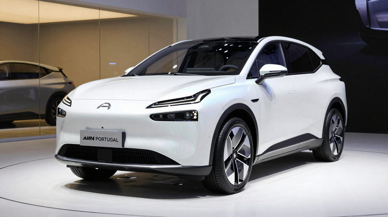 Carro elétrico branco exposto em ambiente interno com iluminação focada e fundo espelhado.