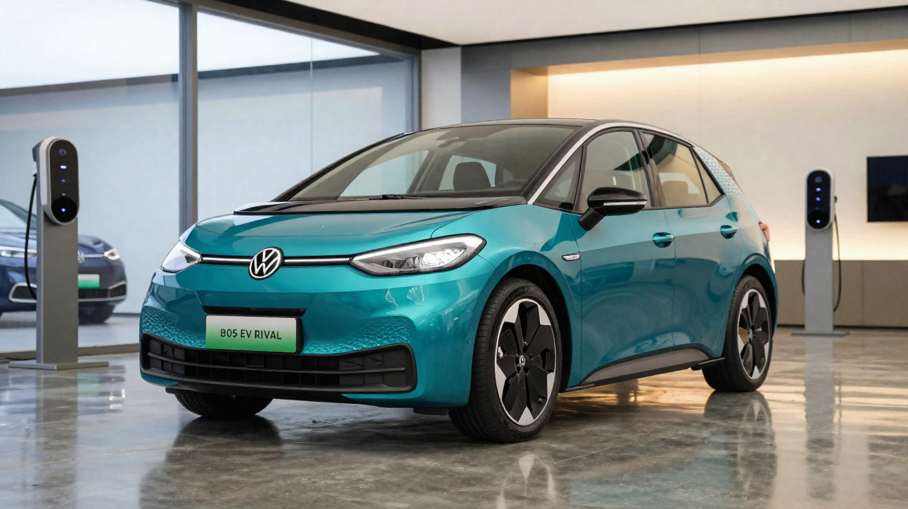 Carro elétrico Volkswagen azul em showroom moderno com estação de recarga ao fundo.