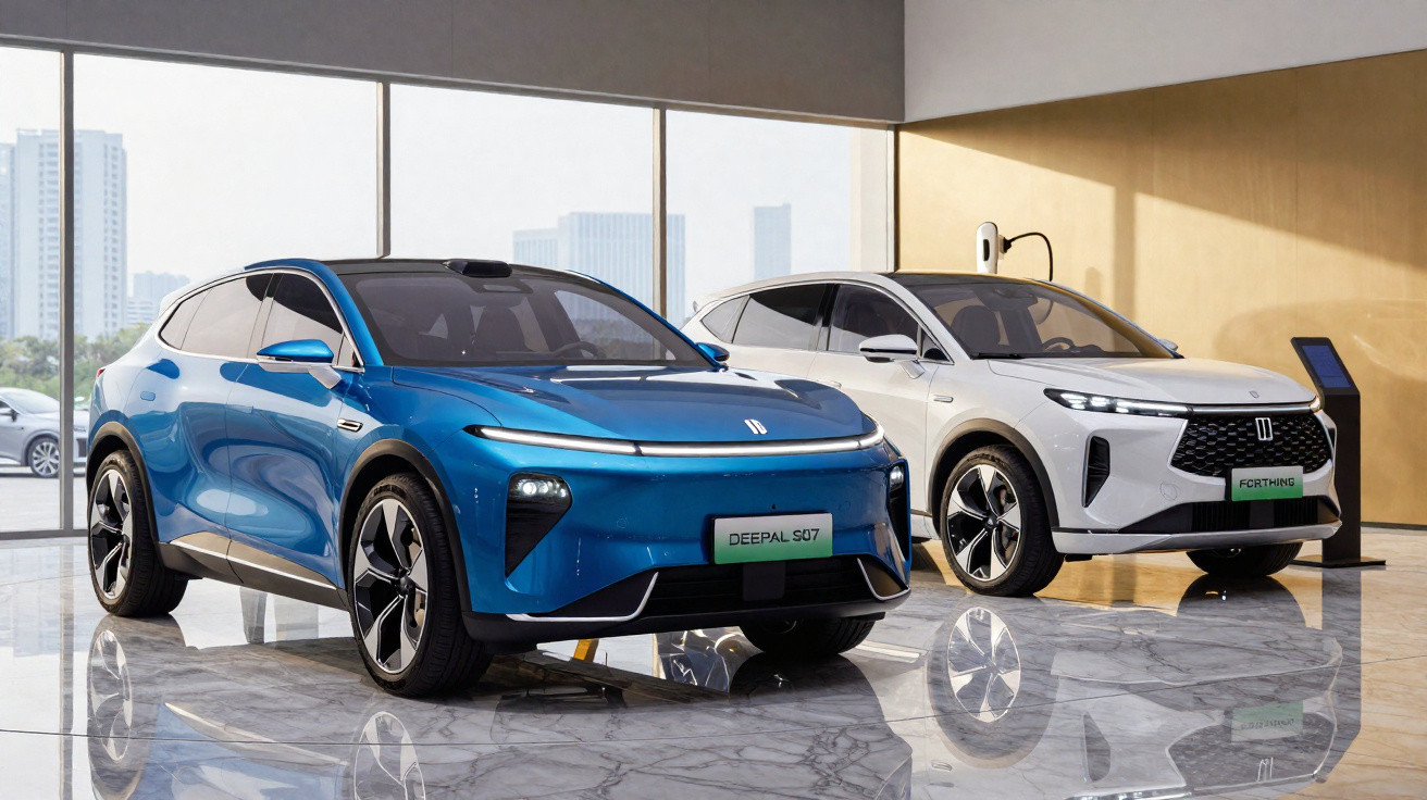 Dois carros elétricos modernos, um azul e um branco, em showroom com piso de mármore e paredes claras.