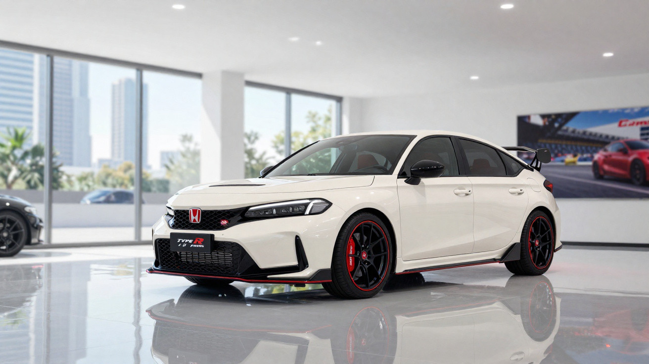 Carro Honda Civic Type R branco com detalhes em vermelho em showroom moderno e iluminado.