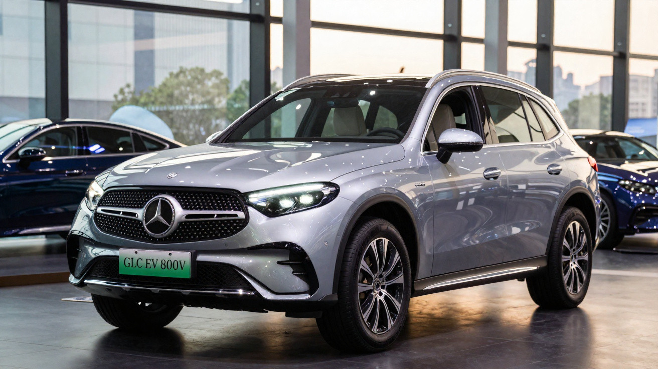 Carro SUV Mercedes-Benz elétrico prata modelo GLC EV 800V em showroom iluminado.