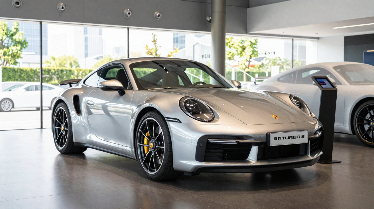 Carro esportivo prata Porsche 911 Turbo S exposto em showroom moderno com janelas amplas.