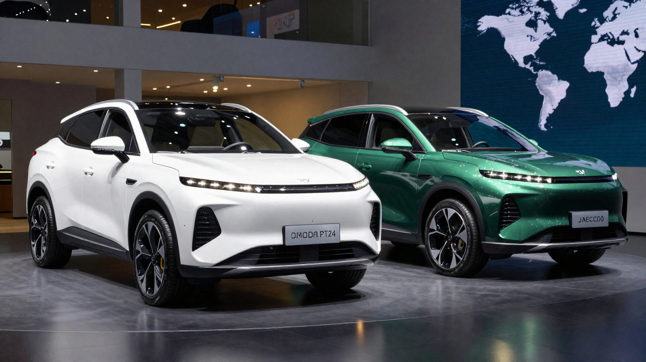 Dois carros elétricos SUV modernos expostos em showroom, um branco e outro verde, com ambiente interno iluminado.
