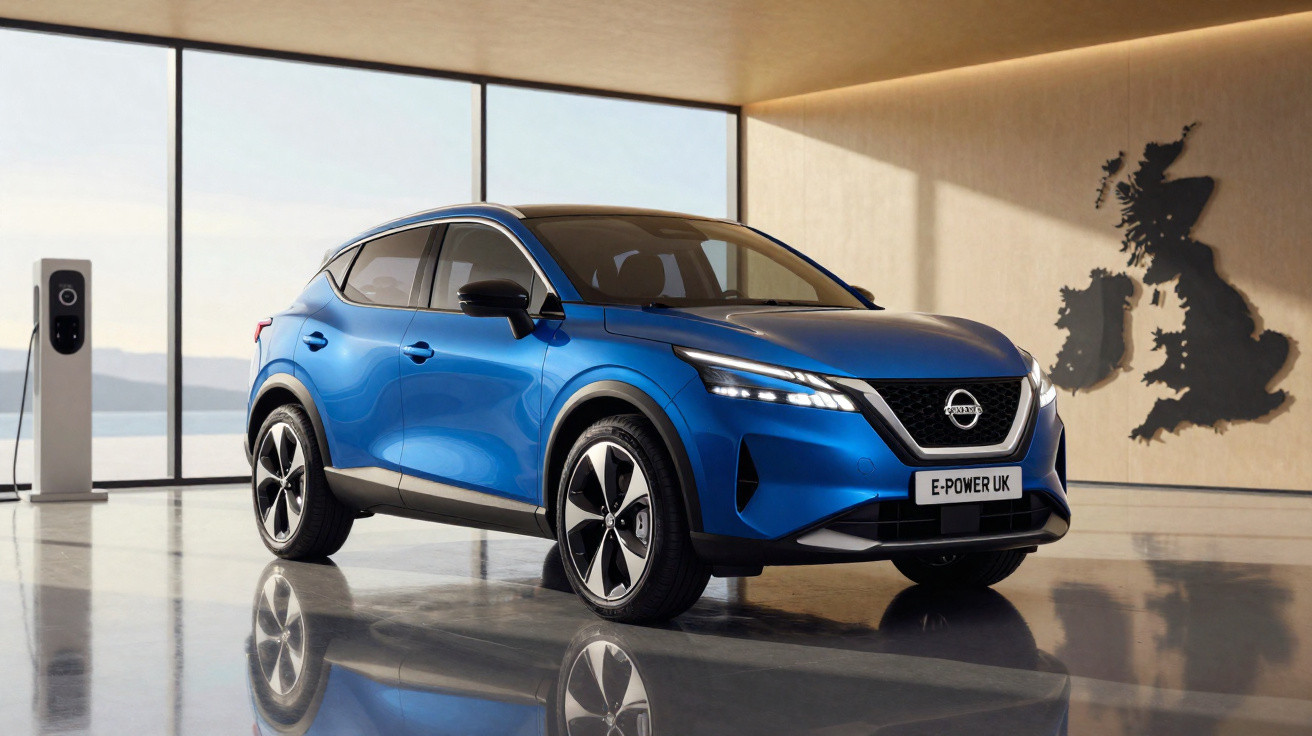 Carro elétrico azul estacionado em ambiente interno com estação de recarga e mapa do Reino Unido na parede.
