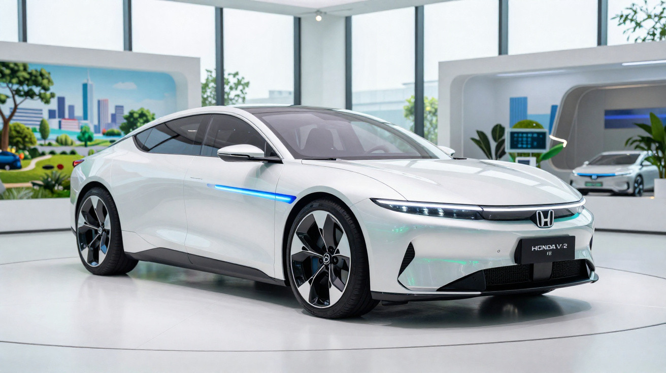 Carro elétrico branco Honda V 2 exposto em ambiente interno moderno, com design aerodinâmico futurista.