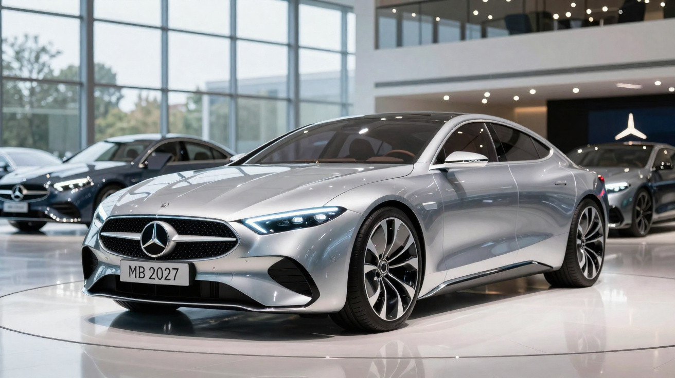 Carro prata Mercedes-Benz modelo 2027 em exposição dentro de showroom moderno e iluminado.