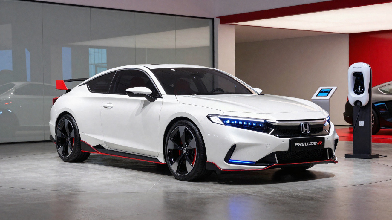 Carro esportivo branco Honda Prelude R estacionado em showroom moderno com carregador elétrico ao lado.