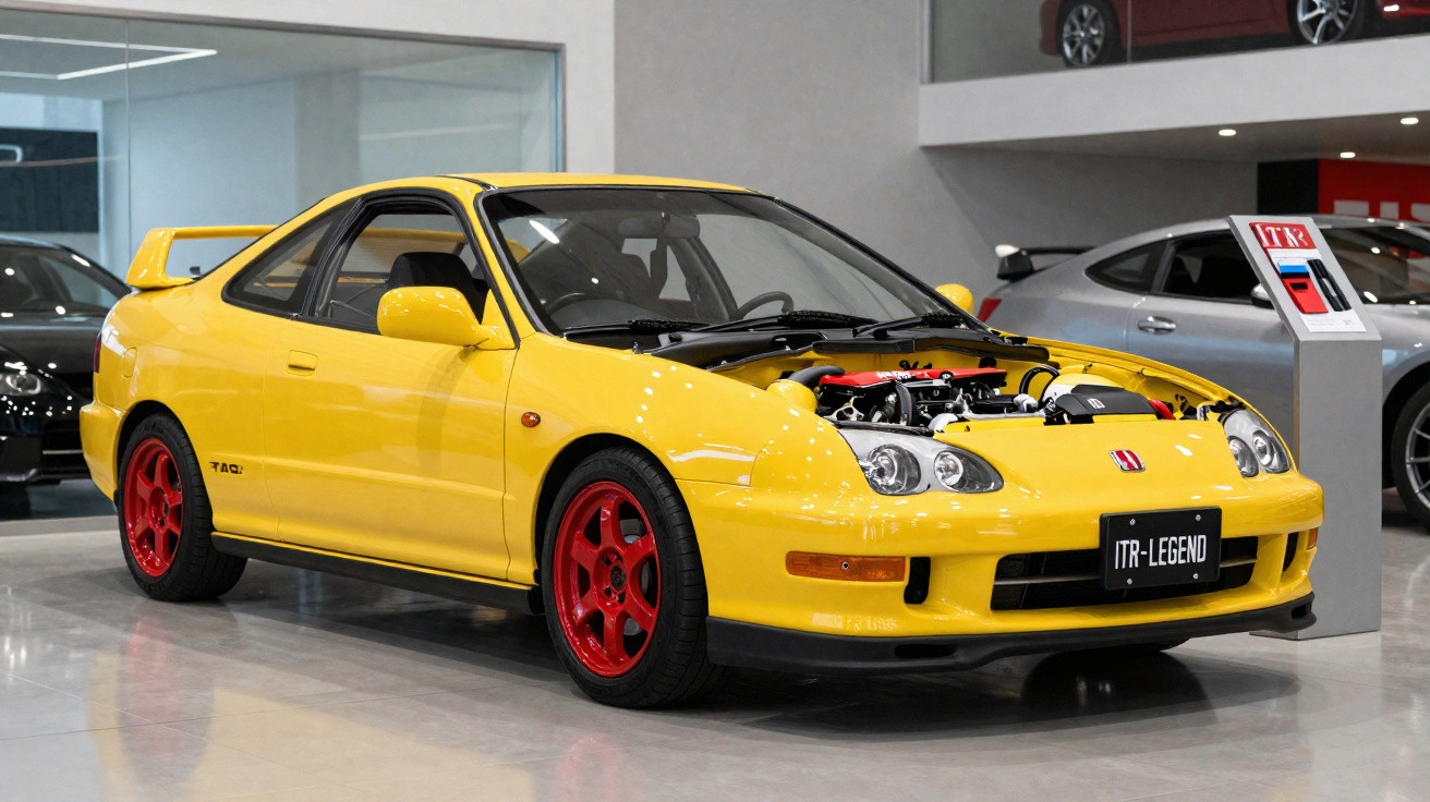 Carro esportivo amarelo com rodas vermelhas exposto em showroom, capô aberto mostrando motor.