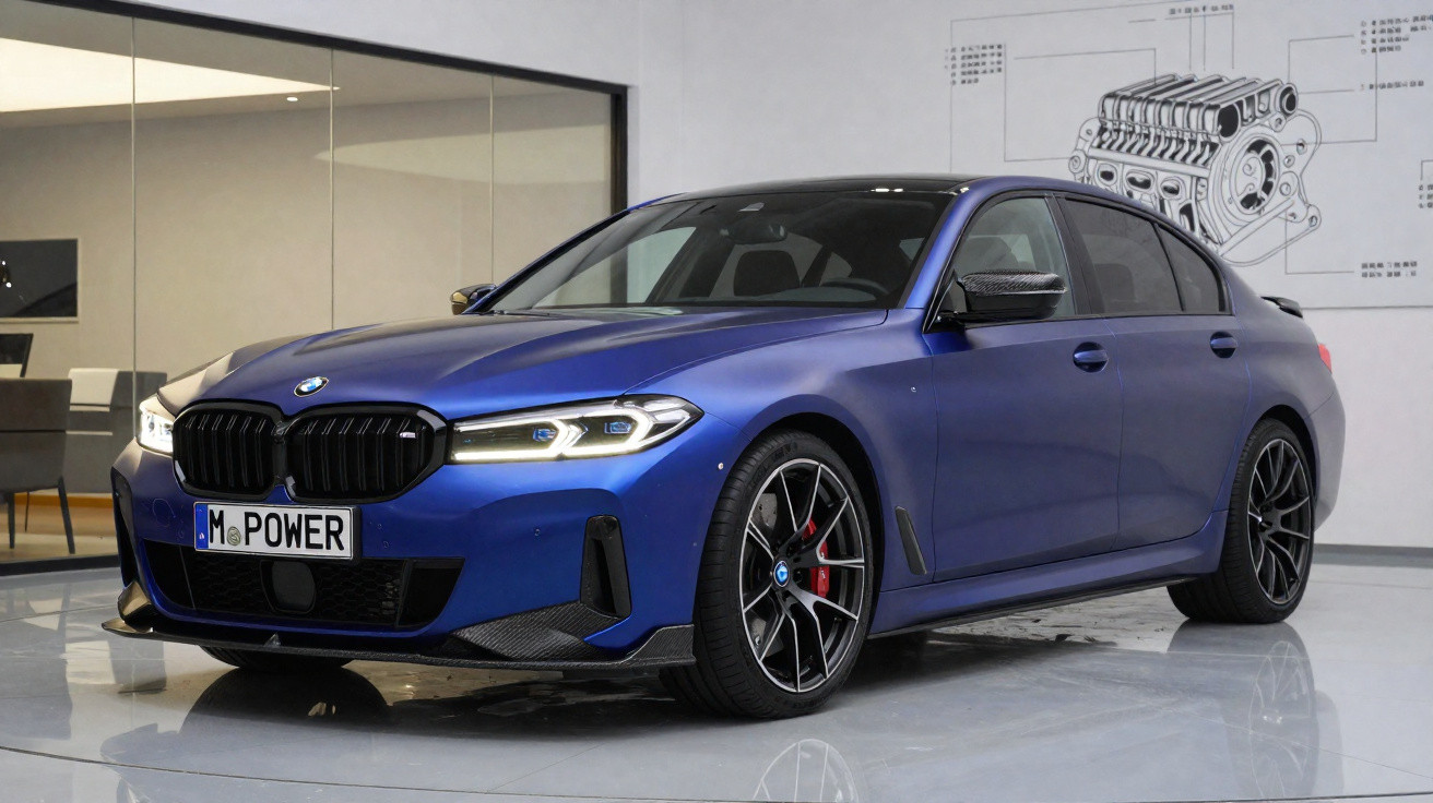 Carro BMW azul metálico com placa "M POWER" em exposição interna e detalhe de motor na parede.