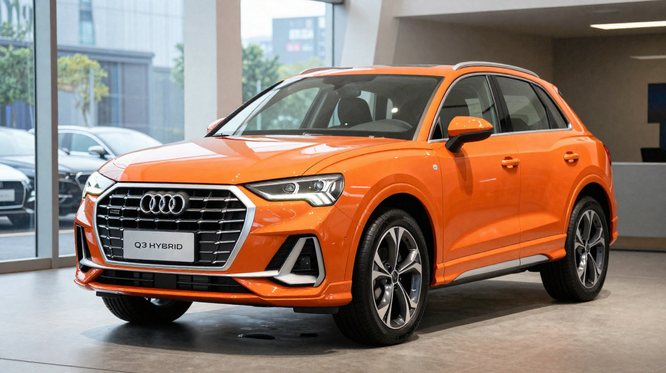 Carro SUV Audi Q3 Hybrid laranja estacionado em ambiente interno moderno.