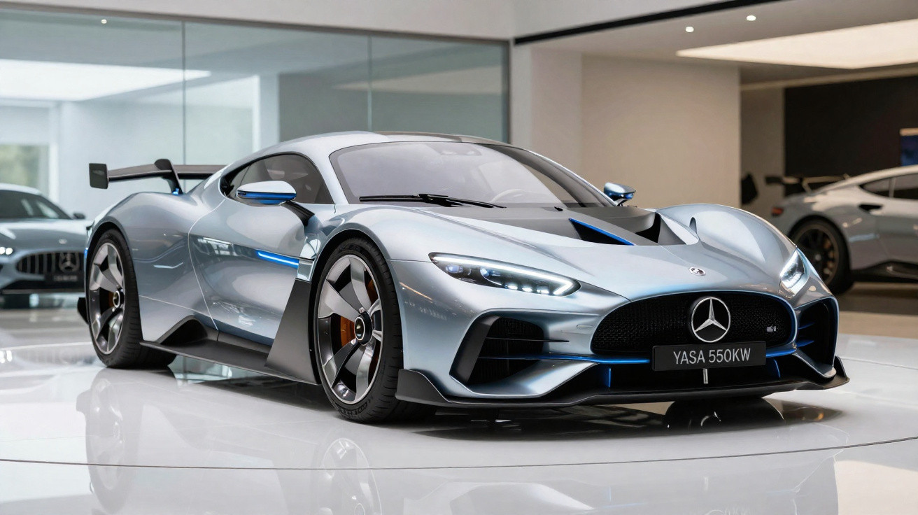 Carro esportivo Mercedes-Benz prata com design aerodinâmico em exposição interna moderna.