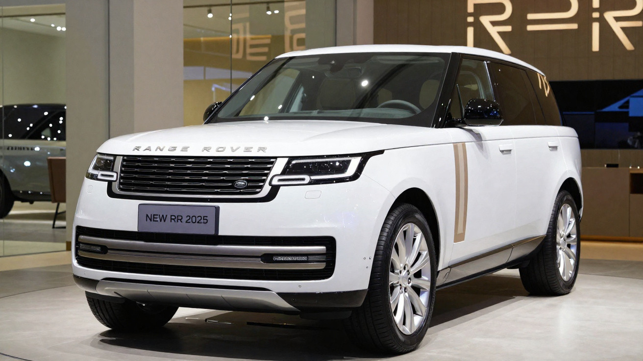 SUV branco Range Rover 2025 em exposição interna com detalhes em preto e dourado.