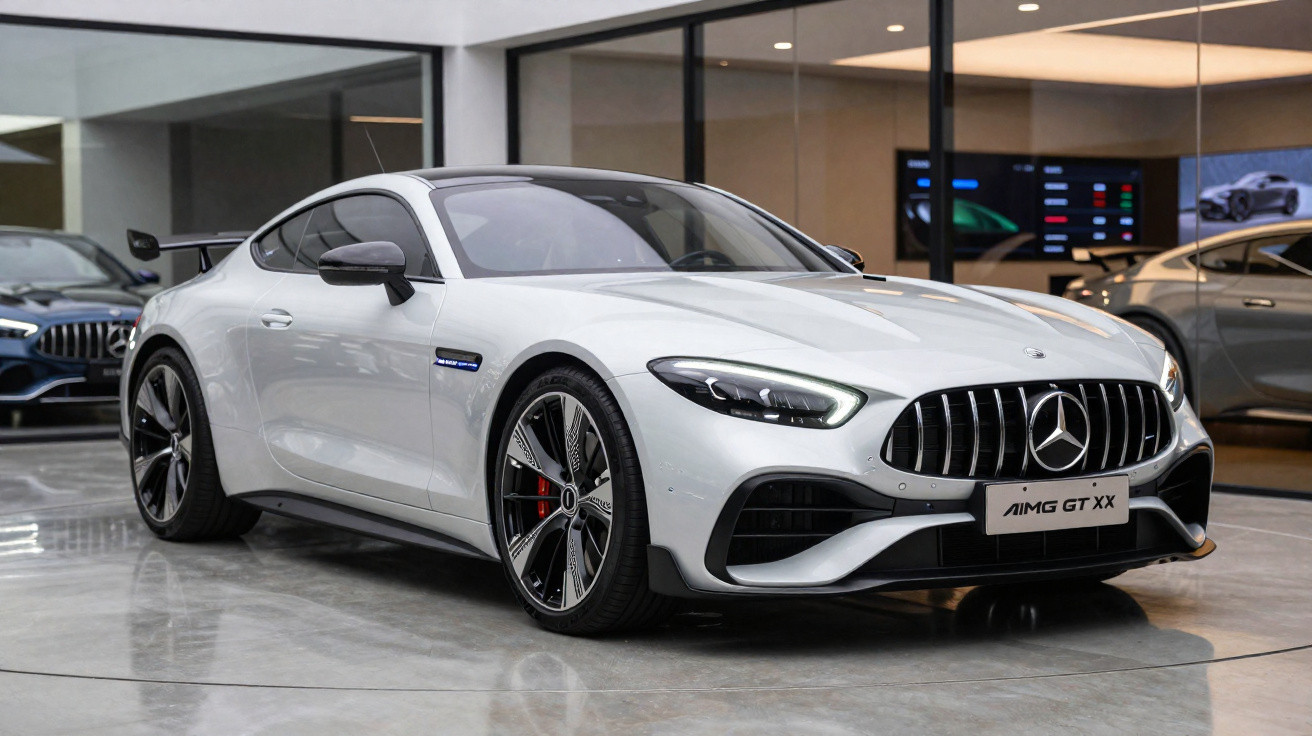 Mercedes-Benz AMG GT XX branco estacionado em showroom moderno com piso de concreto polido.