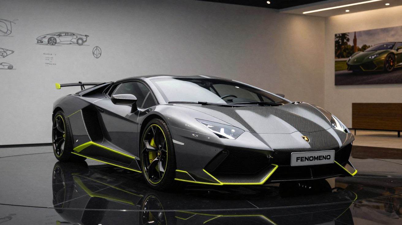 Carro esportivo Lamborghini cinza com detalhes amarelos em exposição interna com parede branca ao fundo.