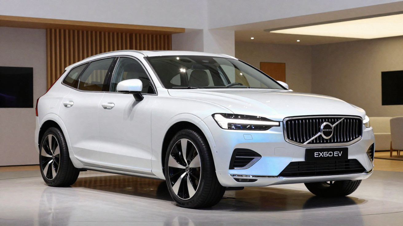 Carro elétrico Volvo EX60 EV branco em exposição interna, com design moderno e rodas esportivas.