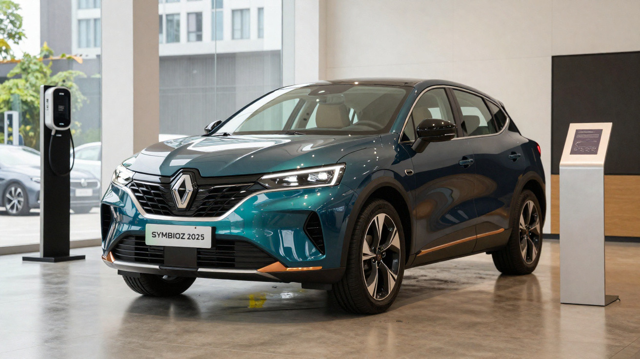 Carro elétrico Renault Symbioz 2025 azul em exposição interna com estação de recarga ao lado.