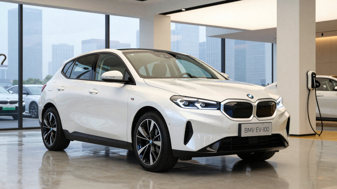 Carro elétrico branco BMW EV-100 estacionado dentro de showroom moderno com janelas amplas.