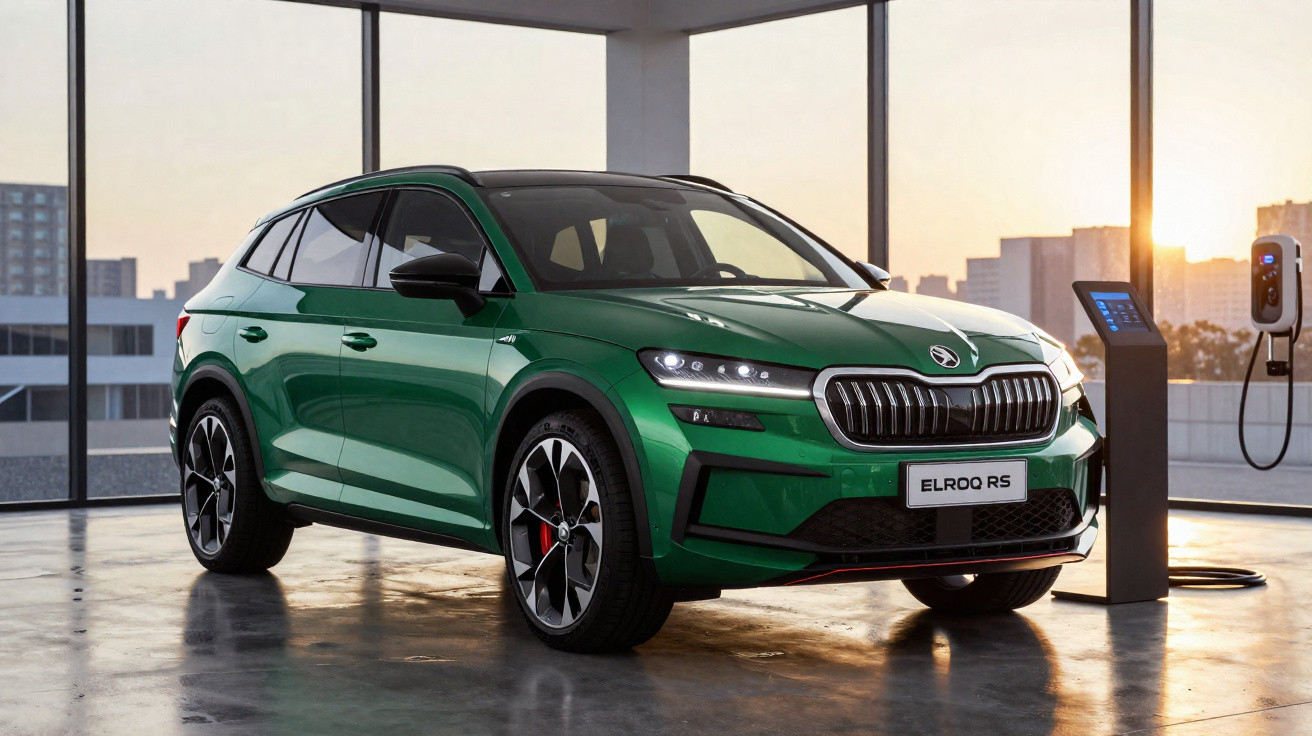 Carro elétrico SUV verde Skoda Elroq RS estacionado em garagem moderna com estação de carregamento ao pôr do sol.