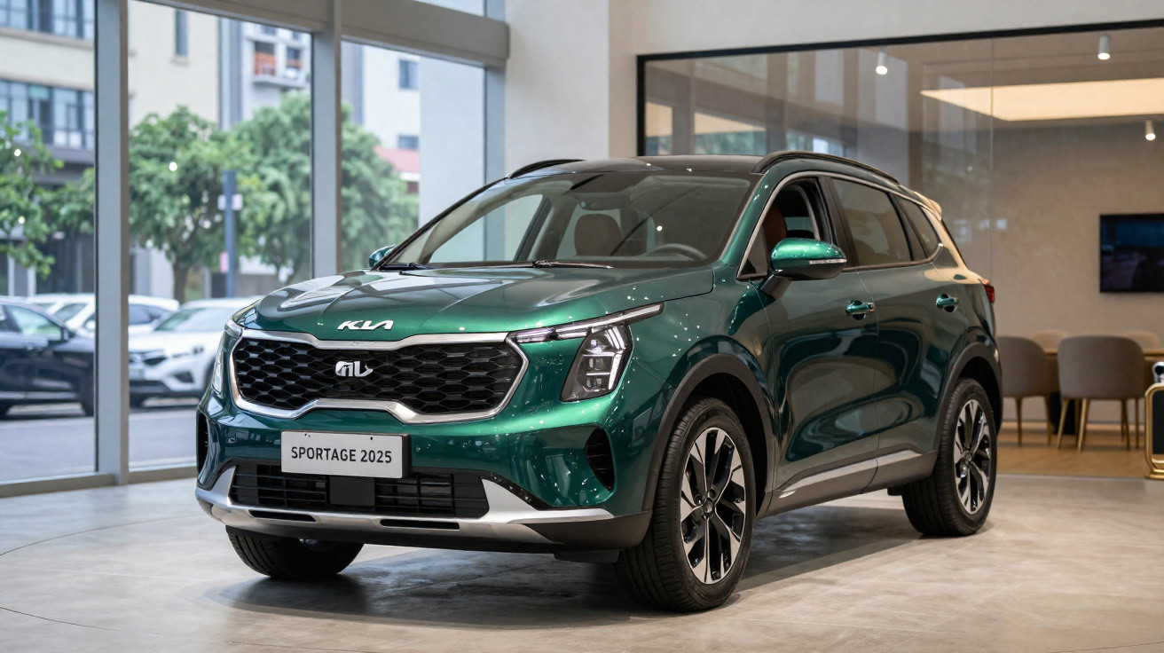 SUV Kia Sportage 2025 verde exposto em showroom moderno com piso claro e grandes janelas de vidro.