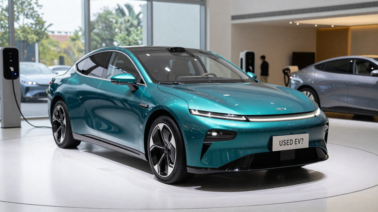 Carro elétrico verde metálico exibido em showroom moderno, conectado a estação de recarga.