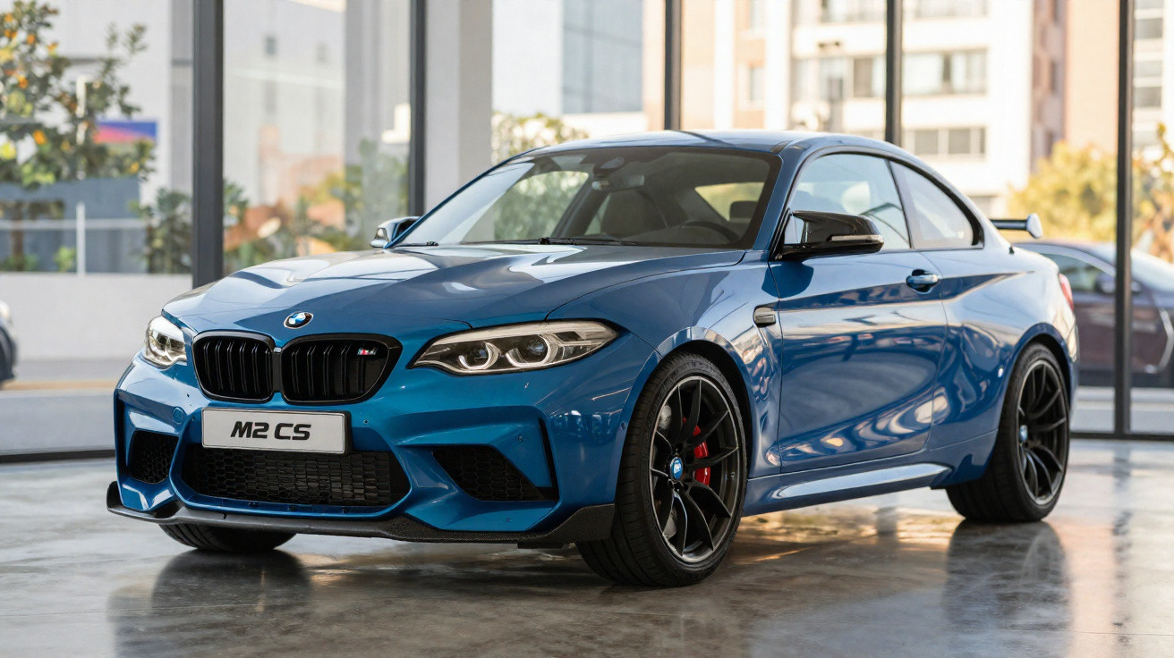 Carro esportivo BMW M2 CS azul estacionado em ambiente interno com piso refletivo.