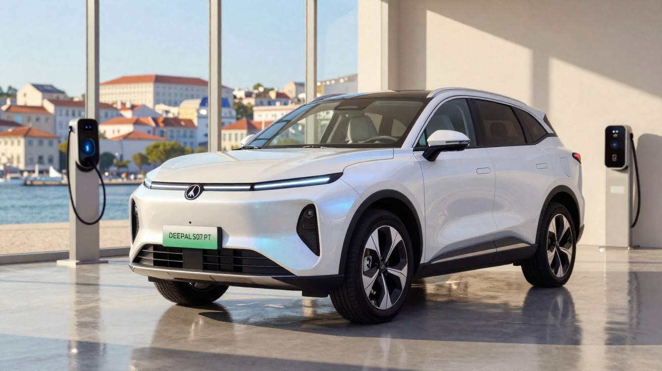 SUV elétrico branco estacionado em espaço moderno com carregadores e janela para área urbana e mar.