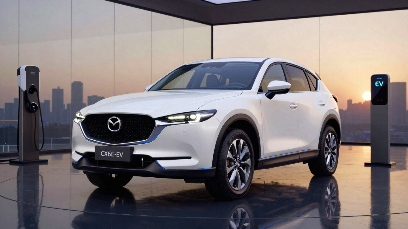Carro elétrico branco Mazda CX-6 EV estacionado em showroom moderno com pôr do sol ao fundo.