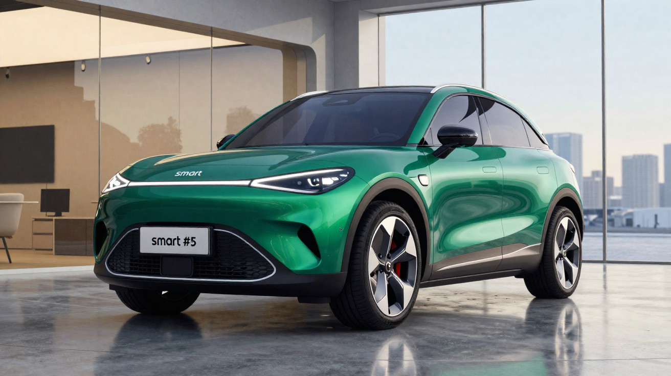 Carro elétrico Smart #5 verde estacionado em ambiente moderno com parede de vidro e vista urbana atrás.