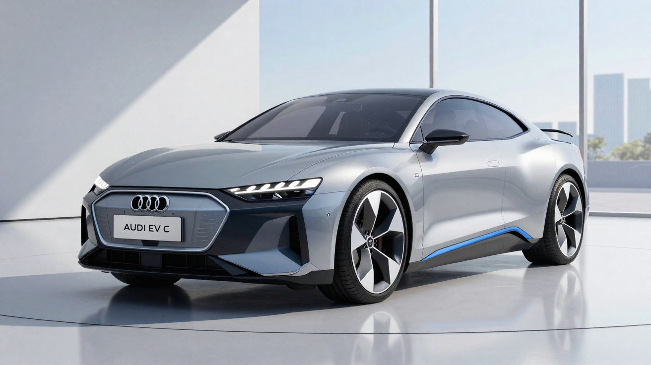 Carro elétrico Audi EV C prateado estacionado em ambiente moderno com luz natural entrando pela janela.