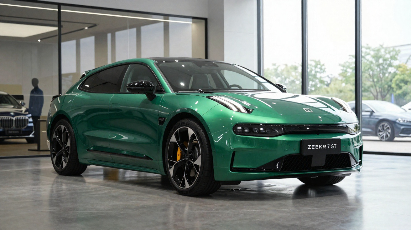 Carro elétrico esportivo verde Zeekr 7 GT estacionado em showroom com piso de concreto e janelas amplas.