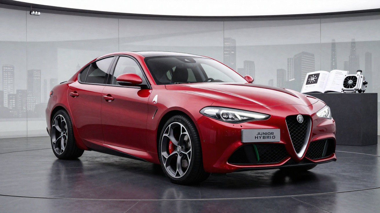 Carro esportivo Alfa Romeo Junior Hybrid na cor vermelha, em exposição interna com fundo cinza e detalhes urbanos.