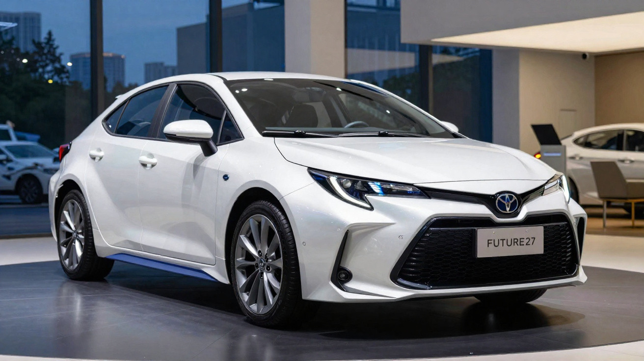 Carro branco Toyota hatch exibido em showroom moderno, com iluminação suave e fundo urbano.