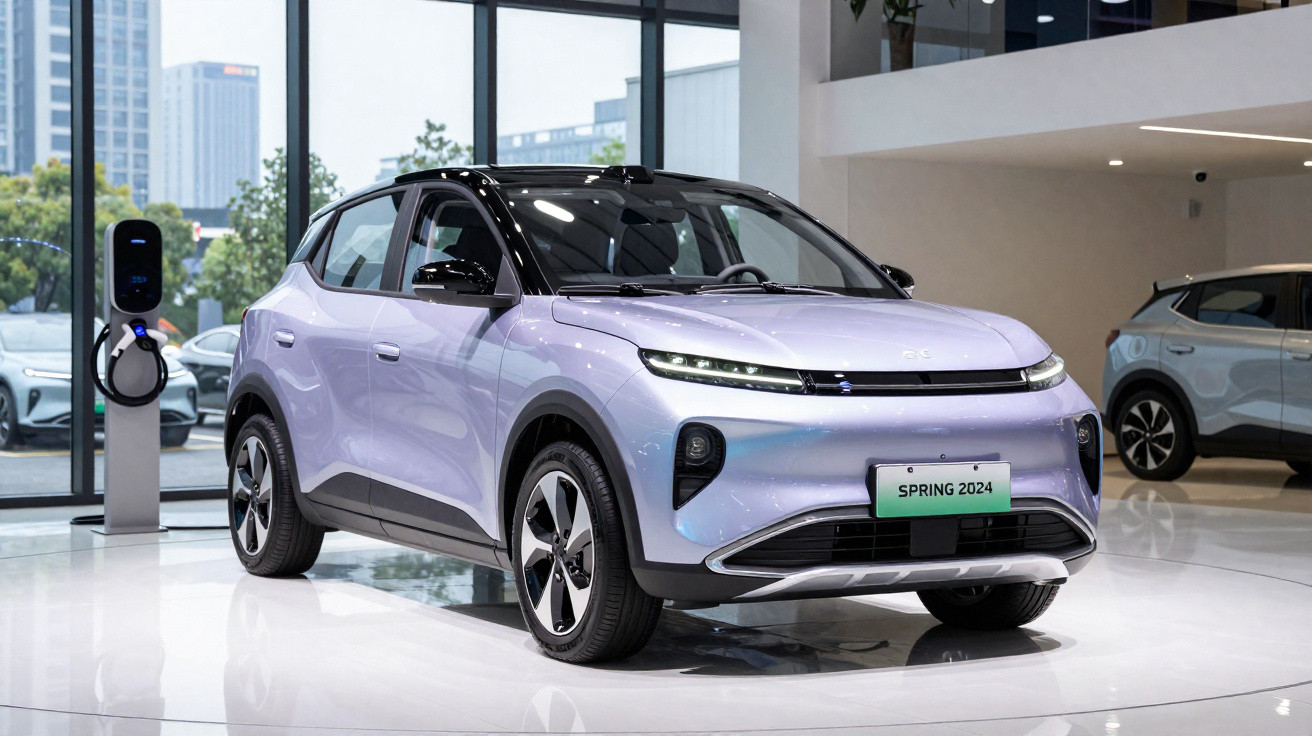 Carro elétrico compacto lilás com teto preto exibido em showroom moderno com estação de recarga.