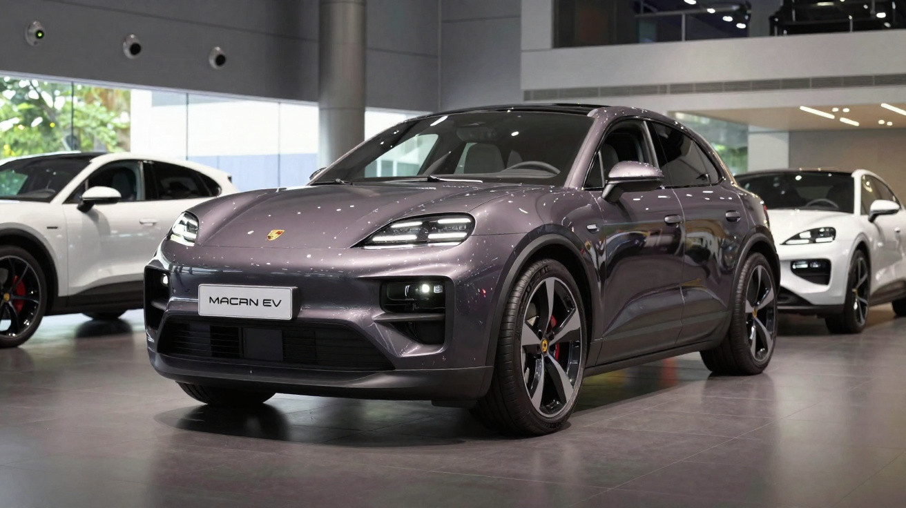Carro elétrico Porsche Macan EV cinza escuro em exposição interna, com dois carros brancos ao fundo.